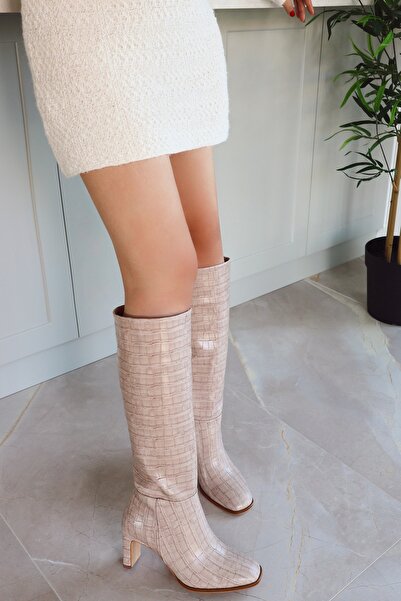 POLKA STORE Kinda Heeled Below the Knee Blunt Toe Zippered Matte Leather Women's Boots