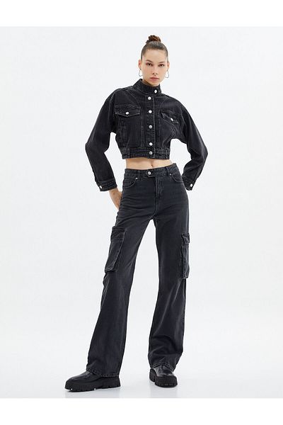 Koton Cotton Crop Denim Jacket - Prevailing Collar, Buttoned Flap Pocket