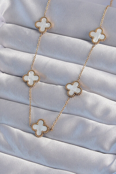 Clariss 316L Steel Gold Color White Pearlescent Clover Necklace