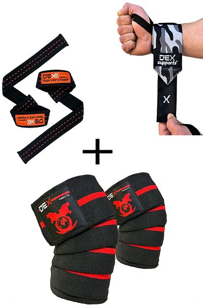 Dex Supports Fitness Bracelet - Dark Camouflage Wrist Wraps & Lifting Straps Orange + Knee Wraps Elite 3 Pack