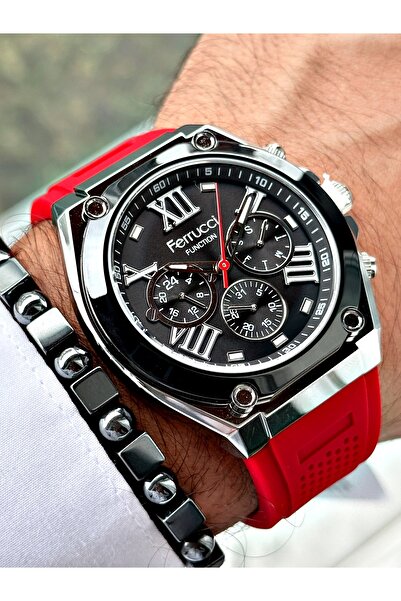 Ferrucci Red Color Silicone Functions Active Sports Men's Wrist Watch + Bracelet