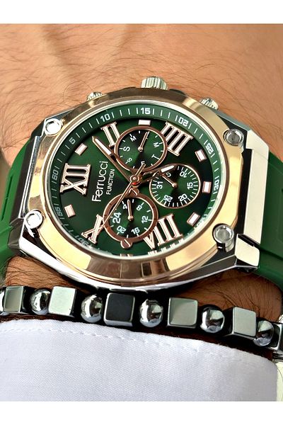 Ferrucci Green Color Silicone Functions Active Sports Men's Wrist Watch + Bracelet