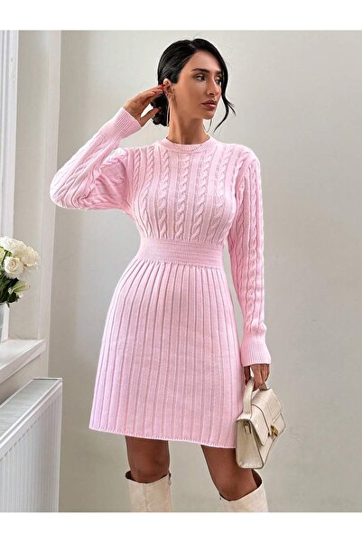 ATEMODAA BELİ LASTİKLİ ETEĞİ FİTİLLİ ELBİSE PEMBE