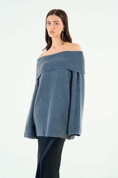 Qu Style Pulover cu nervuri cu guler lat afumat TK 241136