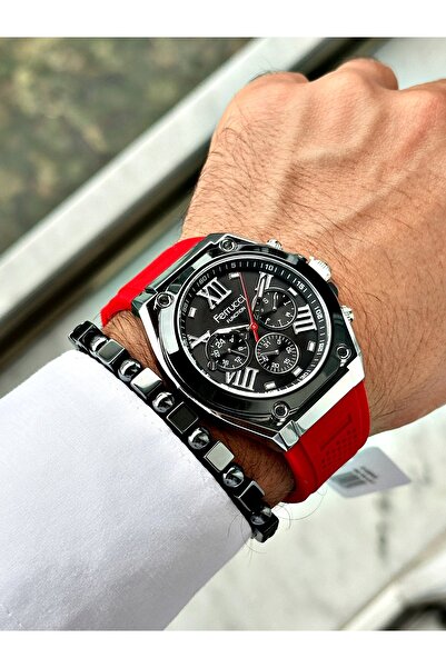 Ferrucci Red Color Silicone Functions Active Sports Men's Wrist Watch + Bracelet