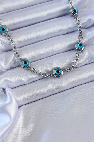 Nehir 316L Steel Silver Color Evil Eye Bead Model Women's Necklace Valentine'...