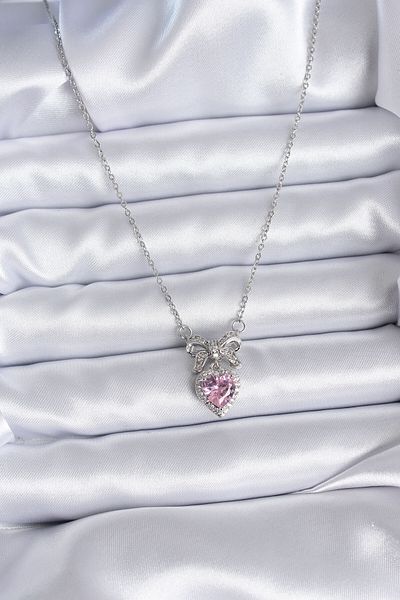 E BULURUM 316L Steel Silver Color Chain Pink Crystal Heart Zircon Stone Ribbon Model Women's Necklace