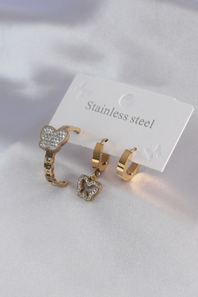 Epilons 316L Steel Gold Color Model Zircon Stone Detail Women's Earring Combi...