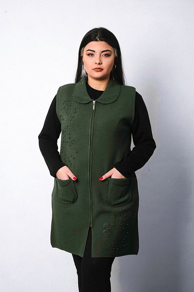 Laden Knitwear Crochet Stone Zippered Long Thick Mother Woolen Women's Vest