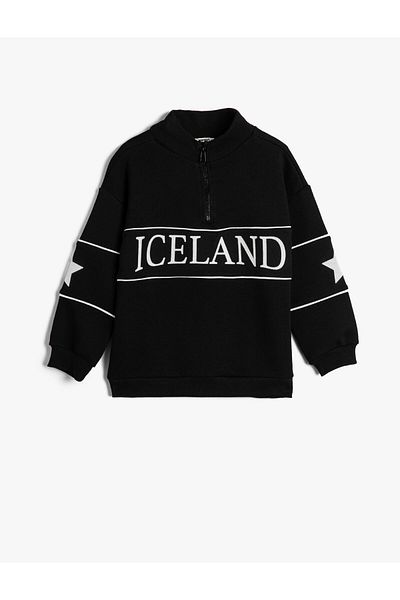 Koton Sweatshirt High Collar Half Zipper Printed Ribbon