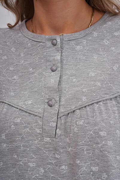Mecit Pijama Mecit 6154 Gray Women's Floral Patterned Large Size Nightgown
