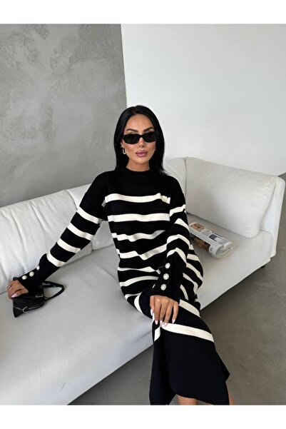 Bak'ap Rochie tricotată Hijab cu mâneci lungi în dungi premium