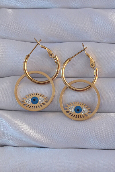 Clariss 316L Steel Gold Color Zircon Stone Blue Eye Design Hoop Earrings - Kp-0520