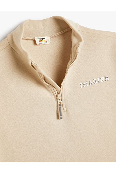 Koton Basic Sweat Dik Yaka Yarım Fermuar Kabartmalı Baskı Detaylı Şardonlu