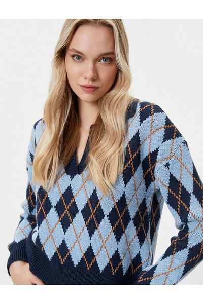 Koton Oversize Sweater Polo Collar Diamond Patterned