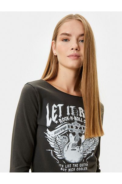 Koton Long Sleeve T-Shirt Cotton Music Theme Printed Round Neck