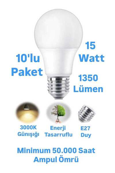 repplam 10 Adet 15W Günışığı LED Ampul 1350 Lümen E27 Duylu Yüksek Işık LED L...