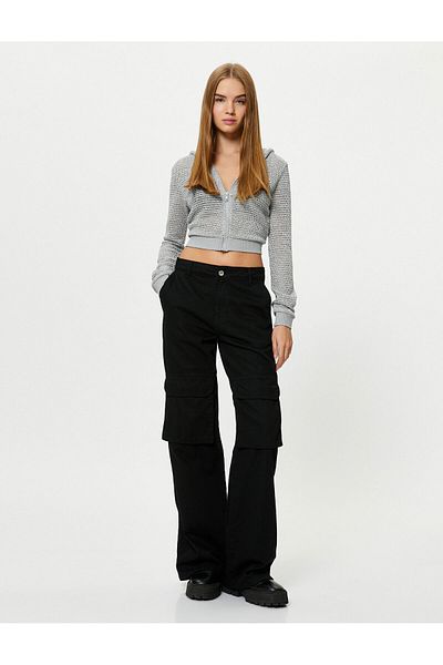 Koton Crop Mesh Hooded Zippered Sweatshirt Glitter Slim Fit