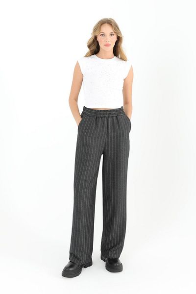 Puane Women's Comfortable Fit Striped Elastic Waist Wide Leg Anthracite Pant 18204