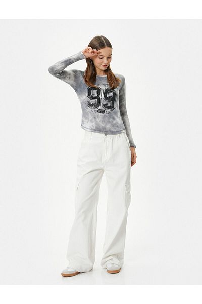 Koton Mesh-T-Shirt mit College-Motiv, bedruckt, Batikmuster, langärmelig, Baumwolle, schmale Passform