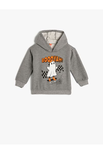 Koton Hooded Sweatshirt Long Sleeve Ghost Print Detailed Raised