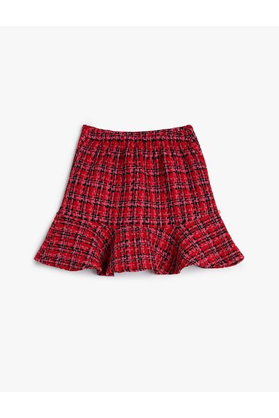 Koton Tweed Plaid Skirt - Elastic Waist and Flounce