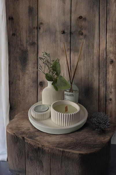 Havalı Tasarım Dekoratif Minyatür Çizgili Vazo Fresh Soft Koku Mumlu Set (TEA...