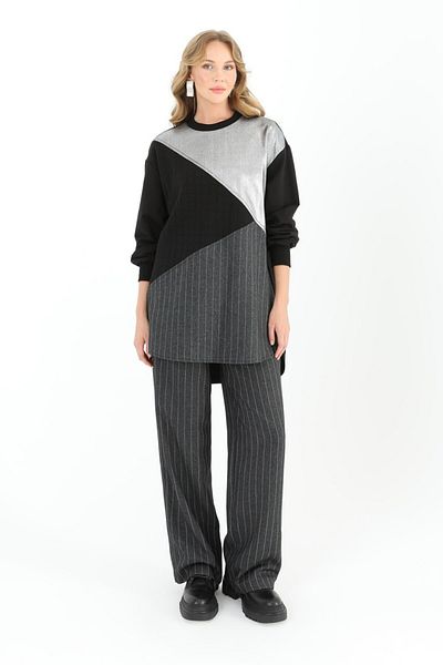 Puane Asymmetric Cut Lace Detailed Striped Black-Anthracite Women's Tunic 10553