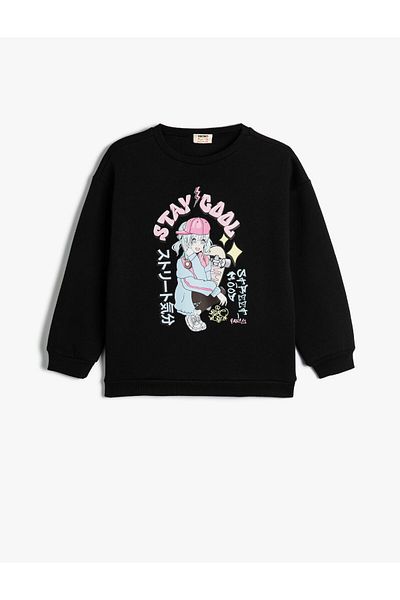 Koton Anime Printed Sweatshirt Crew Neck With Ribbon