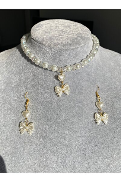 Pinky Lady İncili parlak taşlı gold coquette kolye ve küpe seti