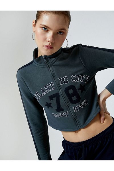 Koton College Crop Sweatshirt Zippered Stand Collar Printed