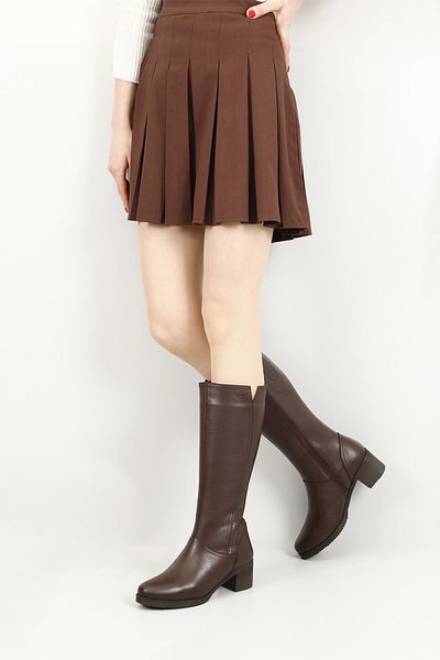 GÖNDERİ(R) Dark Brown Floater Genuine Leather Round Toe Rubber Sole Heeled Zippered Women's Daily Boots 4