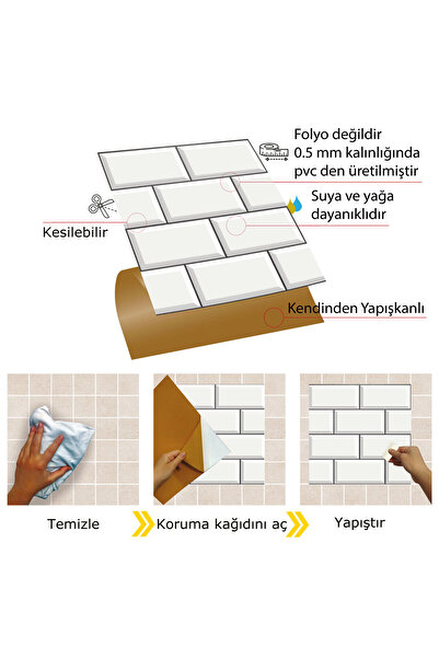 TİNK Kendinden Yapışkanlı Büyük Beyaz Koyu Derzli Metro Desenli Pvc Karo 30x30 Cm (11 ADET) 1m2
