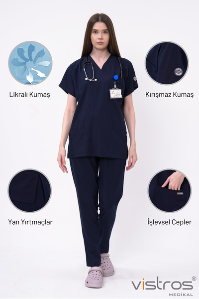 Vistros Medikal Unisex Lacivert Doktor Hemşire Forması Medikal Forma Cerrahi ...