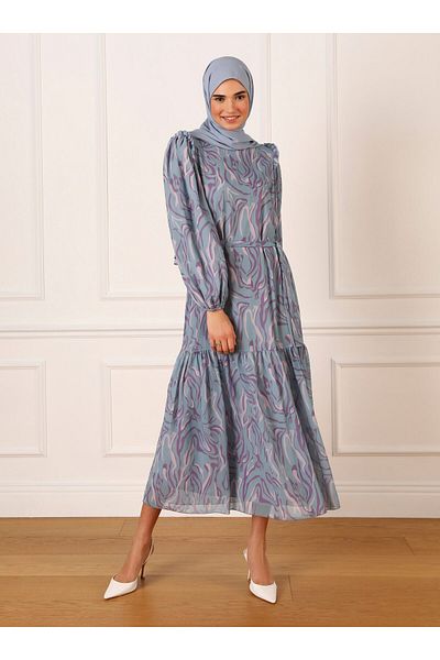 Refka Balloon Sleeve Zebra Pattern Chiffon Hijab Dress - Indigo Lilac - Refka