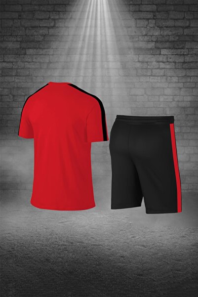 POSEIDON STORM Büyük Beden Erkek Kırmızı Dri-Fit Baskısız Bisiklet Yaka Kısa Kol Alt Üst Takım Şort Tişört Seti (4X