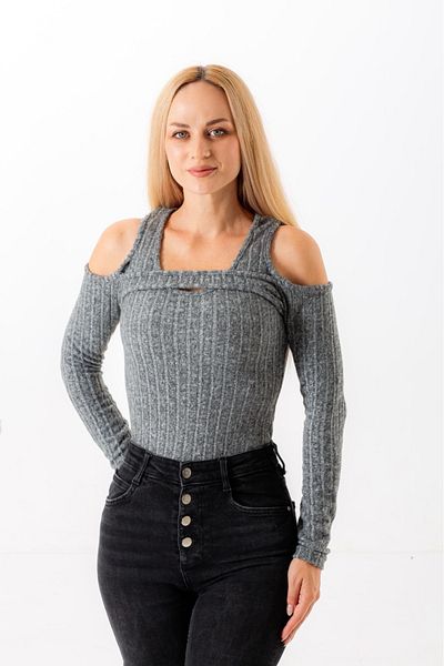 Wildco Women's Gray Long Sleeve Shoulder Low-Cut Cut Detail Camisole Lycra Blouse