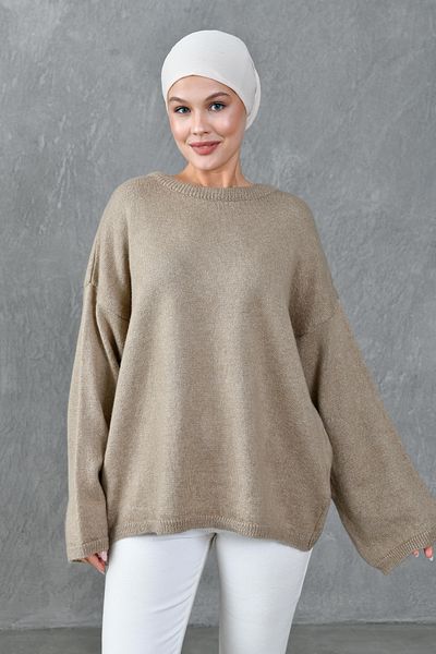 bayansepeti Wide Sleeve Off Shoulder Crew Neck Long Sleeve Mink Oversize Knitwear Hijab Sweater 4091