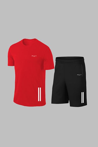 POSEIDON STORM Мъжки червен костюм Dri-fit - комплект от джоб, обикновена яка, тениска с къс ръкав и шорти