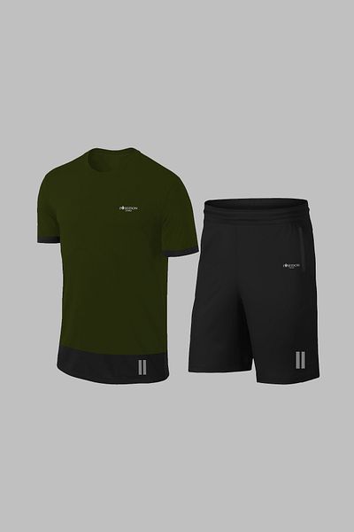 POSEIDON STORM Комплект мъжки шорти с кръгло деколте, цвят каки, Dri-fit, плат, плюс размер, с джобове за туризъм (4XL-10XL)