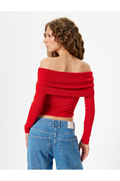 Koton Madonna Collar Off-The-Shoulder T-Shirt Long Sleeve Draped Slim Fit Viscose Blend