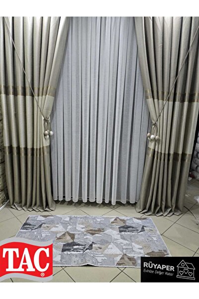 Taç Rüyaper Trend Product Κάτω και επάνω μπεζ κρέμα μεσαίου αφαλού Κουρτίνα με χρυσό περίγραμμα