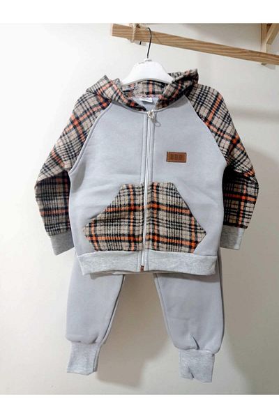 krm kerem bebe Thick Winter Fleece Inside Zippered Hooded Children's Tracksuit Set