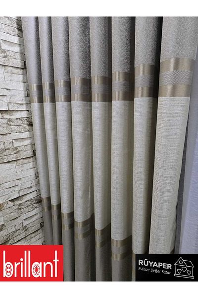 Brillant Rüyaper New Season Lower and Upper Beige Middle Belly Cream Gold Bordered Background Curtain