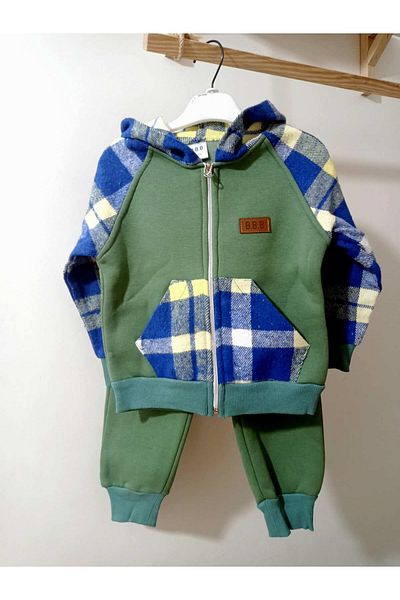 krm kerem bebe Thick Winter Fleece Inside Zippered Hooded Children's Tracksuit Set