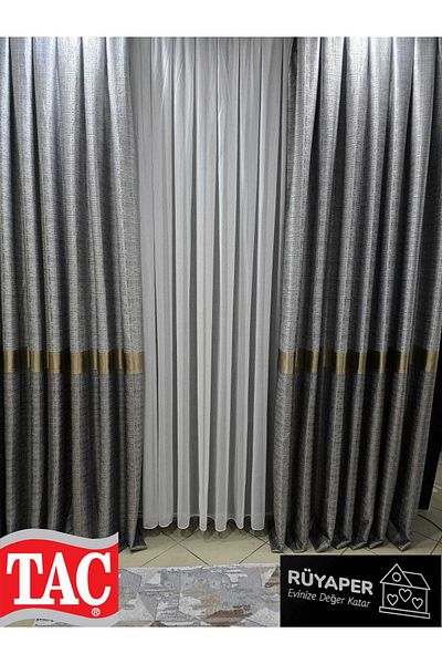 Taç Rüyaper Trend Product Top Gray Bottom Mink Gold Bordered Background Curtain