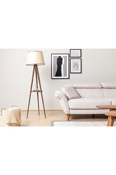 Vivense Sehpalı Pramit Açık Hasır Abajurlu Tripod Lambader, Ceviz
