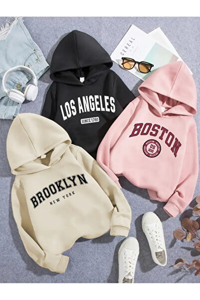 Daxia Çocuk 3'lü Paket Baskılı Boston Brooklyn Pembe Bej Siyah Renk Kapşonlu Sweatshirt ( Yeni Ürün )