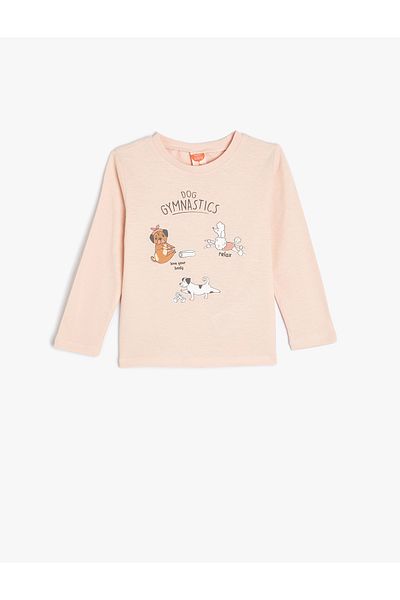 Koton Cotton Long Sleeve T-Shirt - Crew Neck, Dog Print Detail