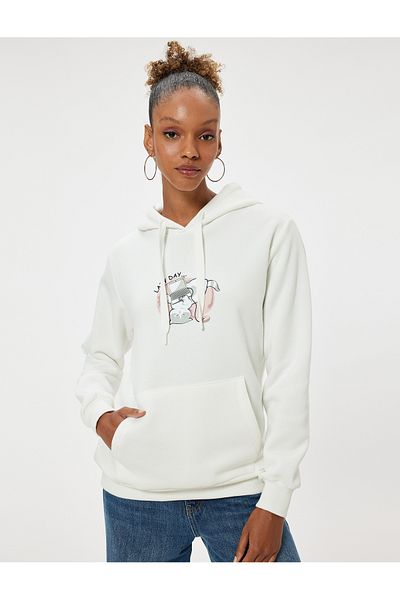 Koton Oversize Printed Hooded Sweatshirt - Kangaroo Pocket Detail